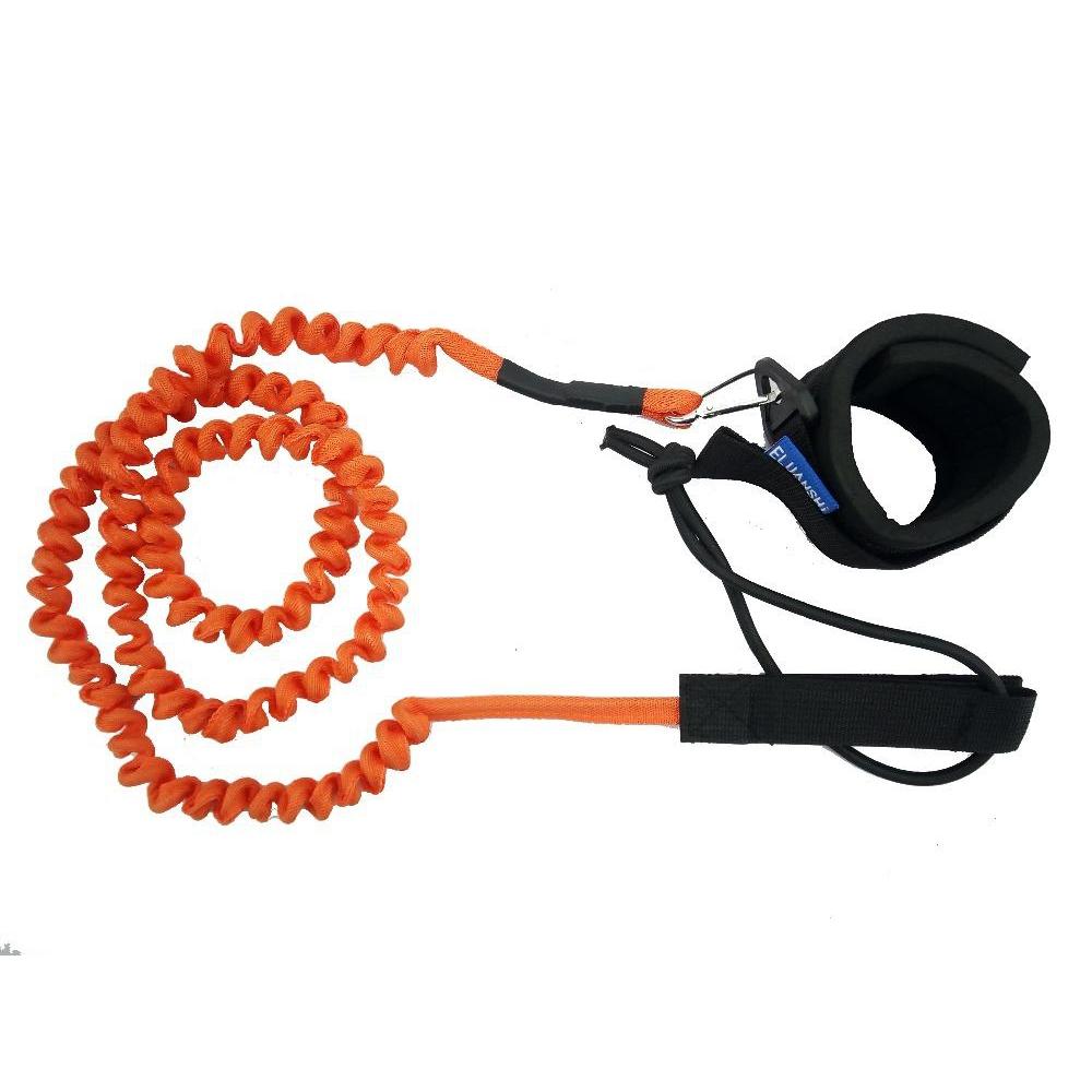 An image of the Brooklyn Kayak Company’s paddle board leash in orange, coiled up. An orange paddle board/surfboard leash.
