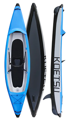 Top view image of the solo seat inflatable kayak alongside the side view of the exterior and the bottom of the raft.  