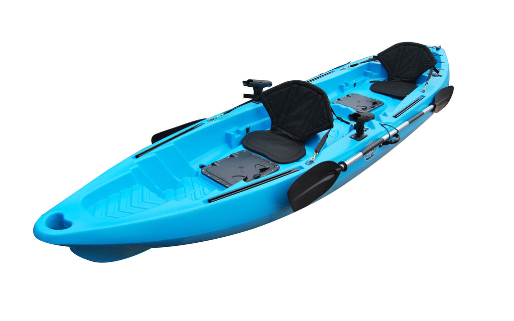 A full view of the Brooklyn Kayak Company’s TK122 kayak in a blue camo color with two seats on top and paddles strapped to the side.