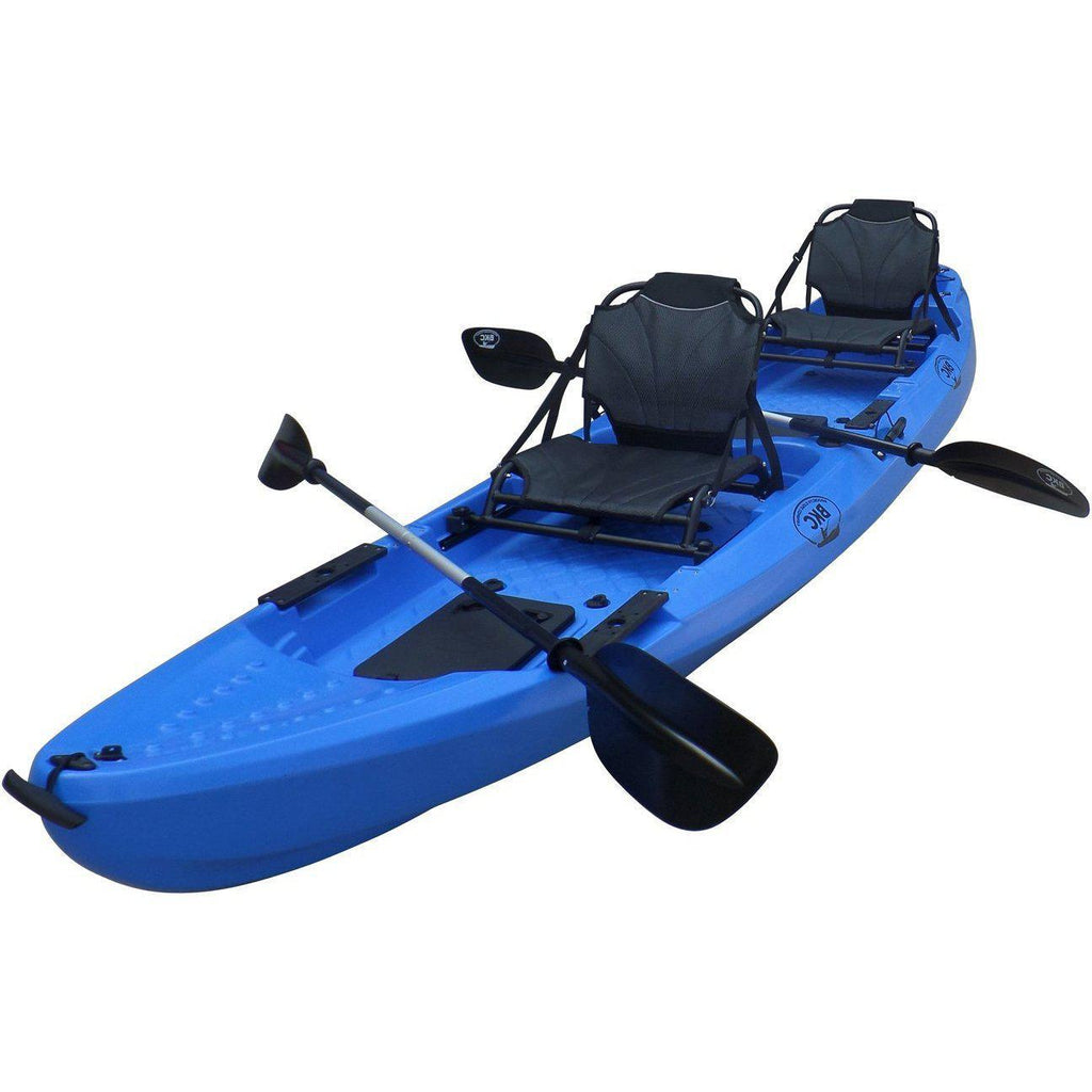 A full view of the Brooklyn Kayak Company’s TK219 13 foot and 1 Inch long tandem fishing kayak in a solid blue color, with two seats and oars on top.