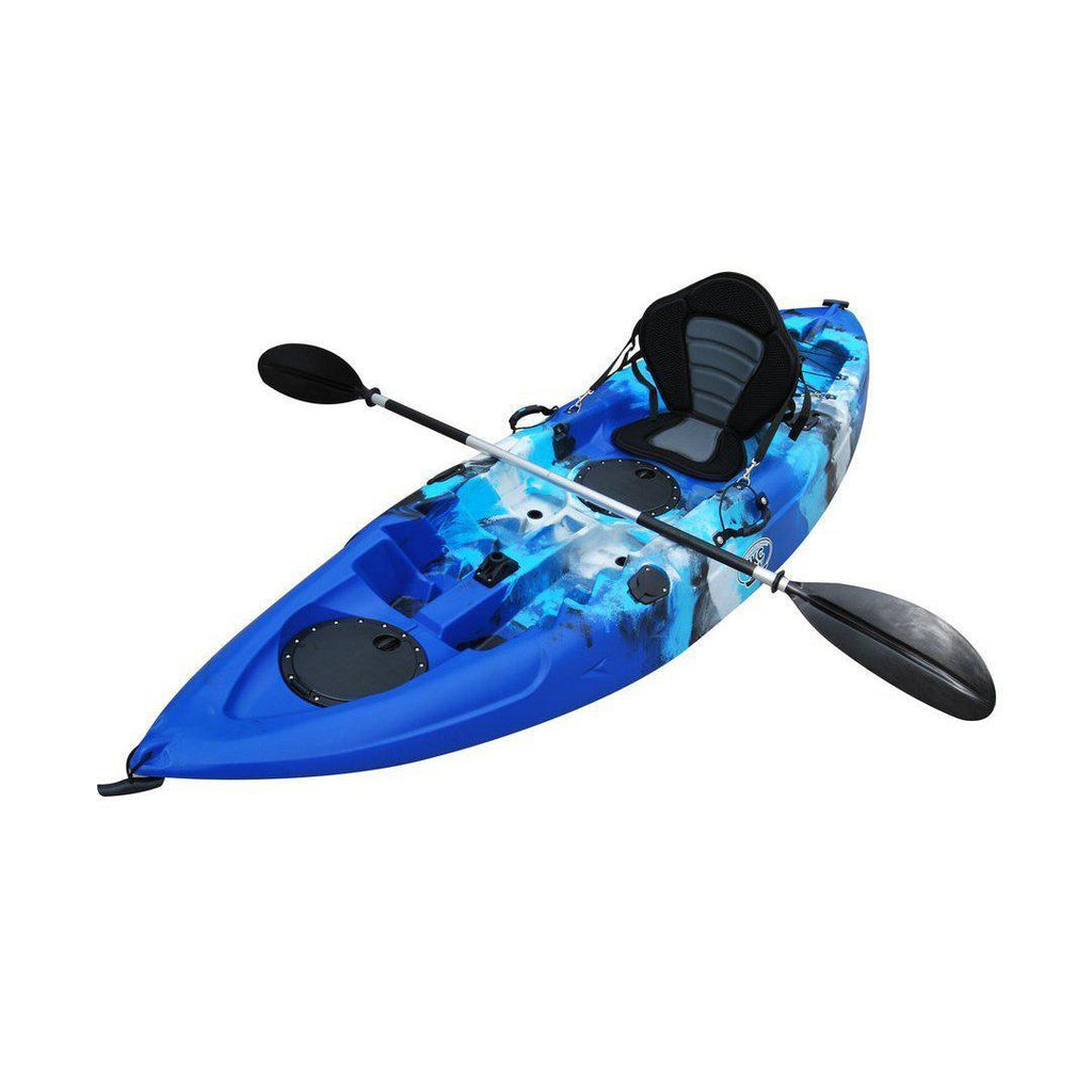 A full view of the Brooklyn Kayak Company’s FK184 Sit-On-Top fishing kayak in a blue camo color with seat and paddle included.