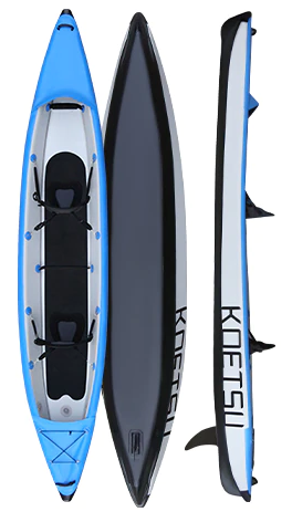 Visual display of the two seater kayak from the above view, also capture the very bottom of the boat and the side panel view.