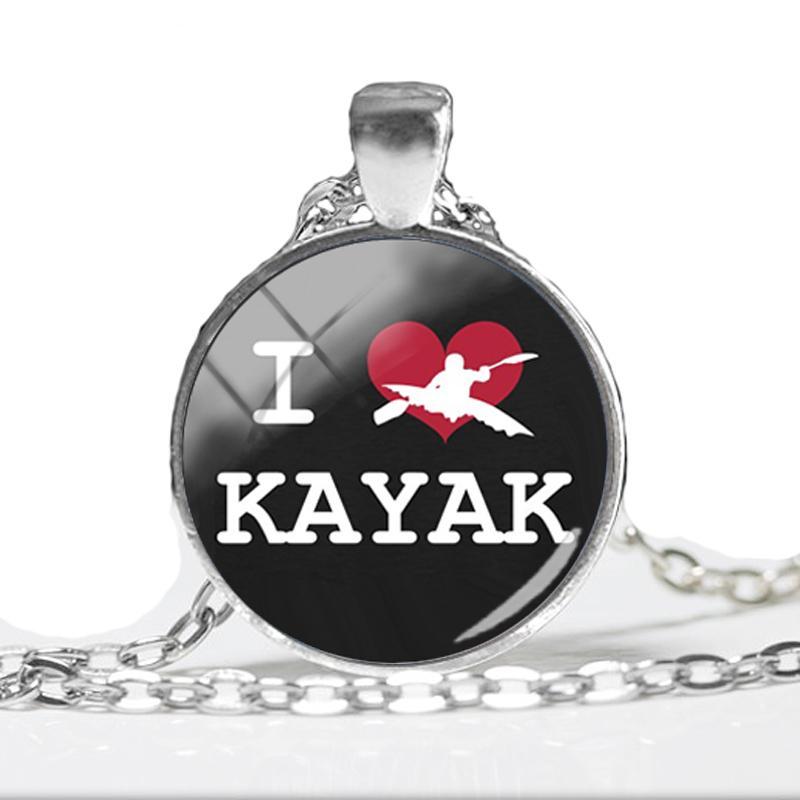 I Love Kayaks Silver Pendant Necklace black
