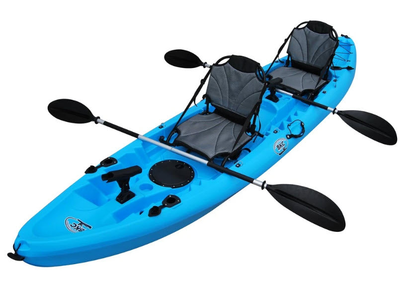 Top view of two-seater fishing kayak, with fishing rod features, and detail of top view. 