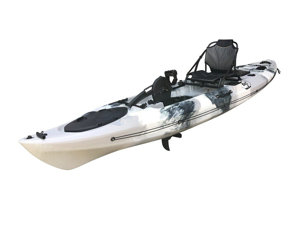  A full view of the Brooklyn Kayak Company’s PK12 single propeller pedal drive kayak in grey camo color, with one seat and paddle system visible.